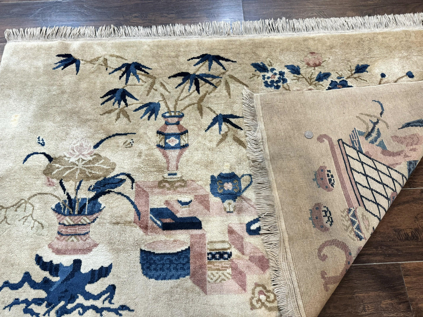 Chinese Rug 5x3, Horizontal Rug, Vases Flowers, Handmade Antique Vintage Carpet, Peking Rug, Chinese Wool Rug - Nuvé