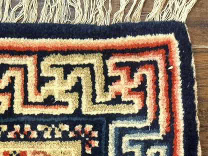 Small Antique Chinese Rug 2x2, Red Blue Square Rug Mat, Handmade, Tibetan Rug - Nuvé