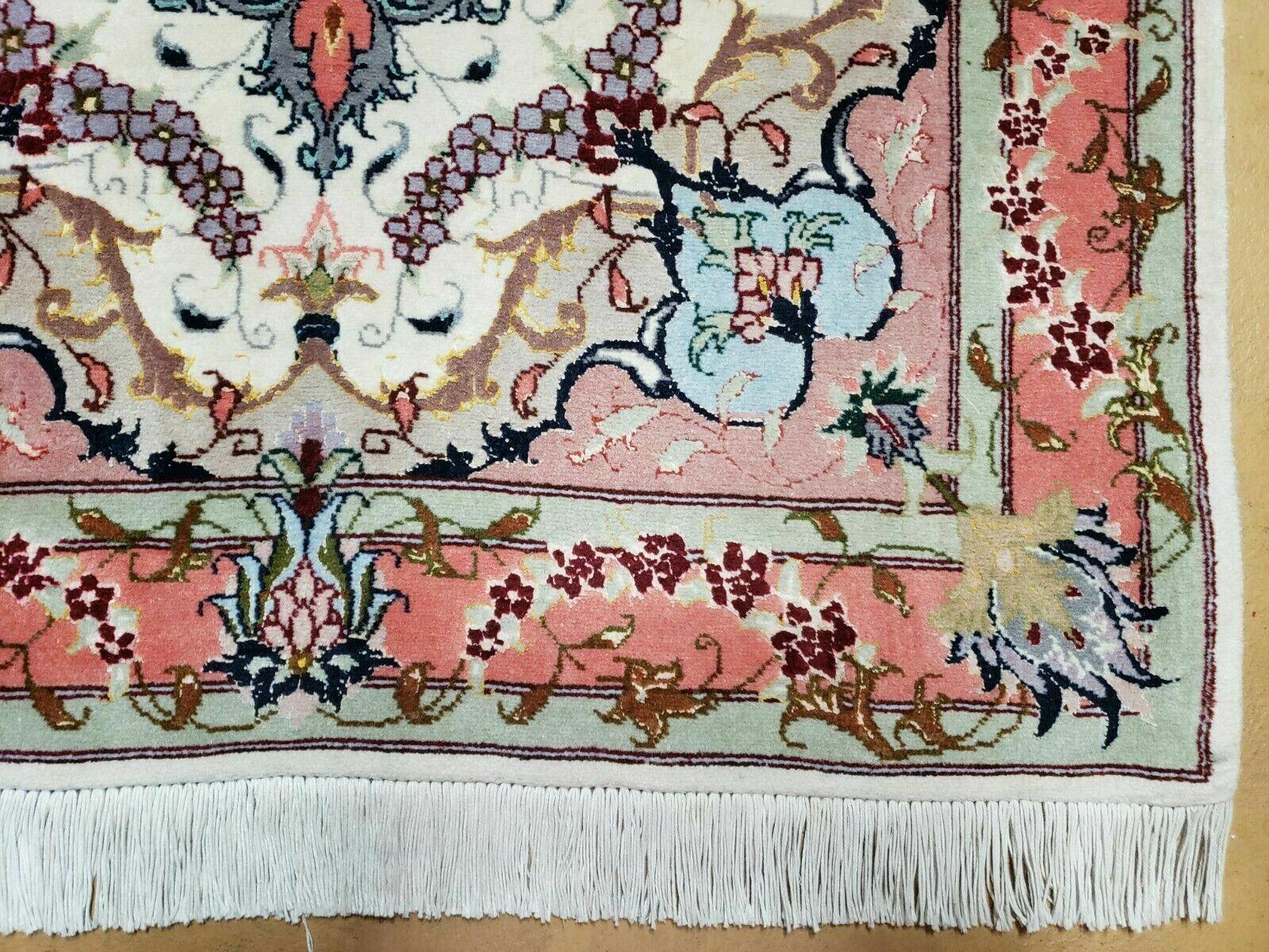 Small Vintage Persian Tabriz Wool and Silk Rug 2.5 x 4 ft, Very Finely Hand Knotted, Medallion, Ivory Salmon Light Blue, Top Quality, Pair A - Nuvé