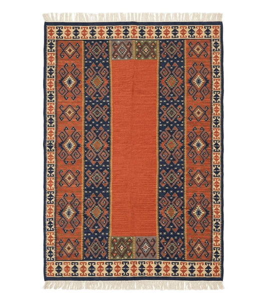 Turkish Kilim Rug 5x8, Flatweave Carpet, Handmade Bohemian Rug, Terracotta and Navy Blue