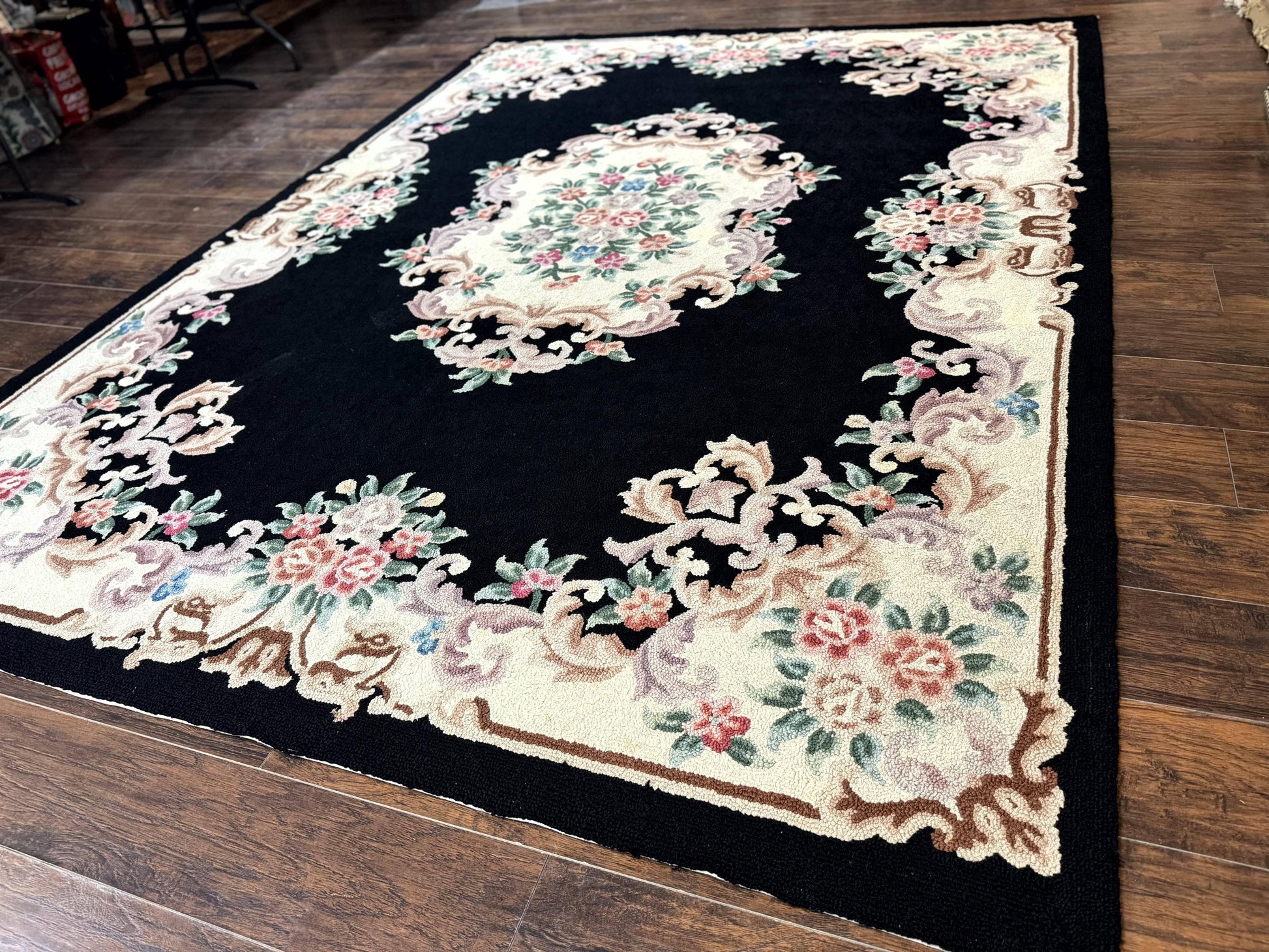Aubusson Rug 8x11, Black and Ivory, Hooked Rug, Vintage, Wool - Nuvé