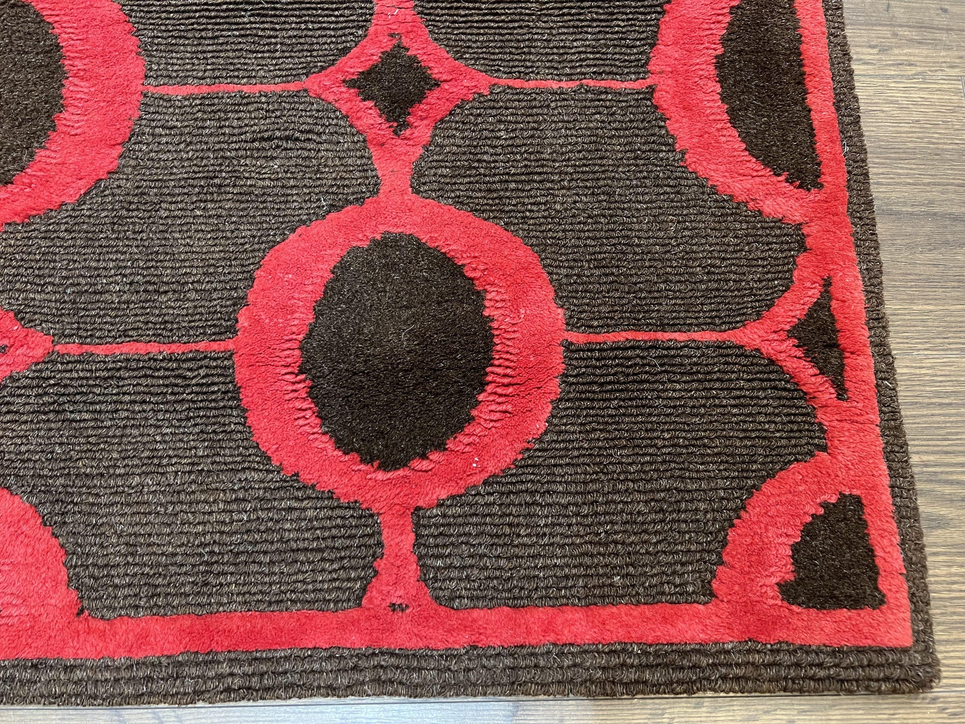 Modern Tibetan Rug 3.8 x 5.7, Raspberry Red and Dark Brown, Abstract Circle Design, Hand Knotted, Soft Wool Handmade Tibet Nepali Carpet 4x6 - Nuvé