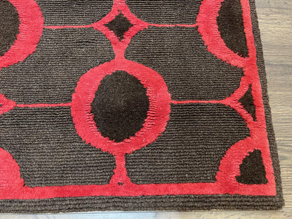 Modern Tibetan Rug 3.8 x 5.7, Raspberry Red and Dark Brown, Abstract Circle Design, Hand Knotted, Soft Wool Handmade Tibet Nepali Carpet 4x6 - Nuvé