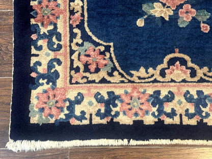 Blue and Beige Chinese Wool Rug 3x6, Chinese Fete Rug, Peking Rug, Antique Chinese Carpet - Nuvé