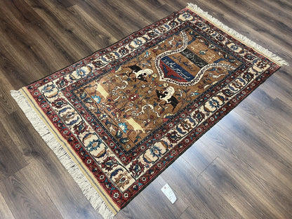Unique Afghan Silk Rug 4x6, Hunting Pattern Animal Motifs, Light Brown and Cream, Persian Handwritten Poetry, Fine 1940s Oriental Carpet Wow - Nuvé