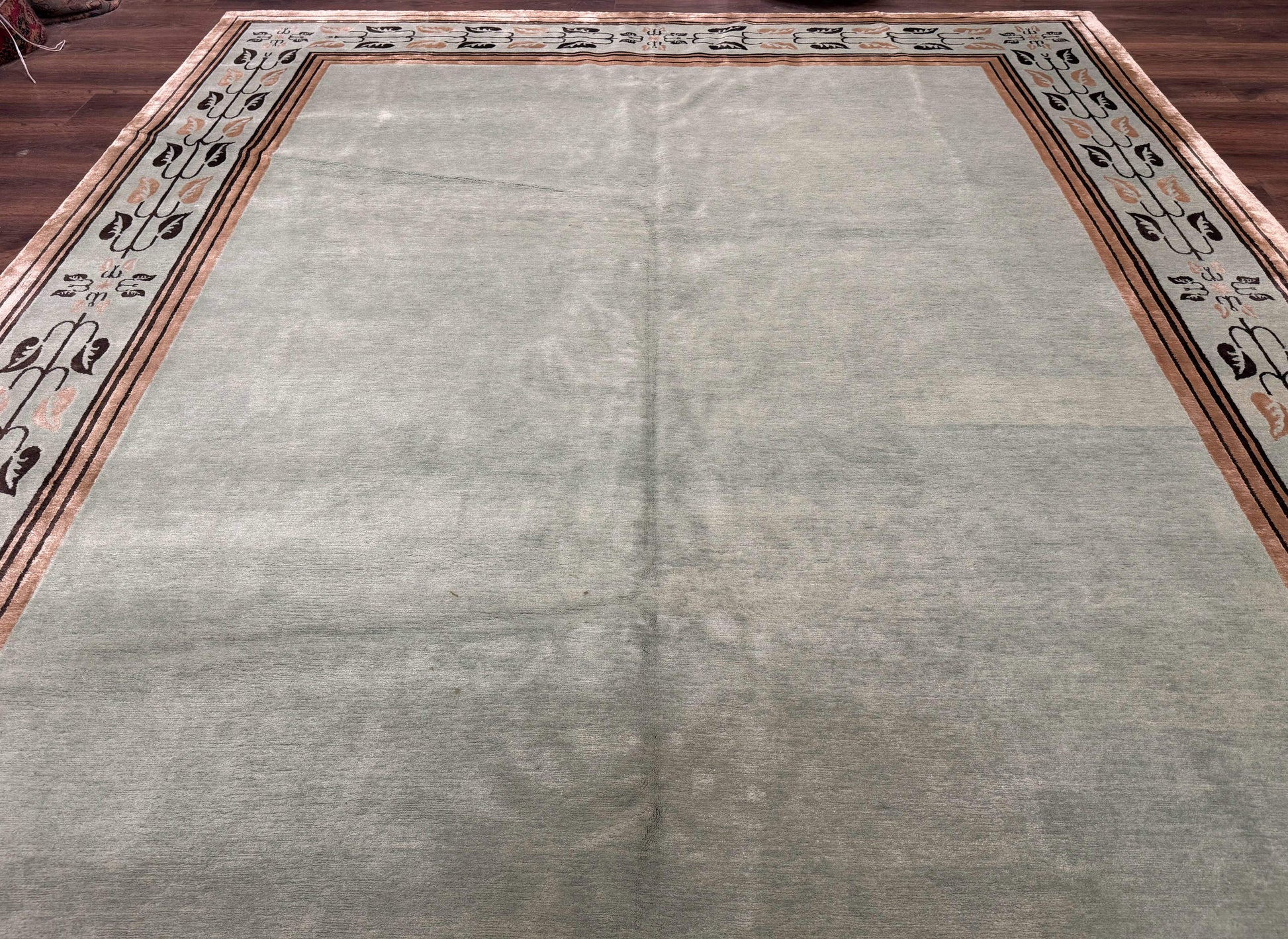 Palace Size Nepali Rug 9x18, Open Field, Light Mint Green, Wool Hand Knotted, Modern Contemporary - Nuvé