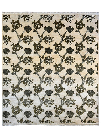 Hand-Knotted Indian Rug - 7'11" x 9'9" - Wool - Floral Pattern - Elegant Beige and Green Design - Nuvé