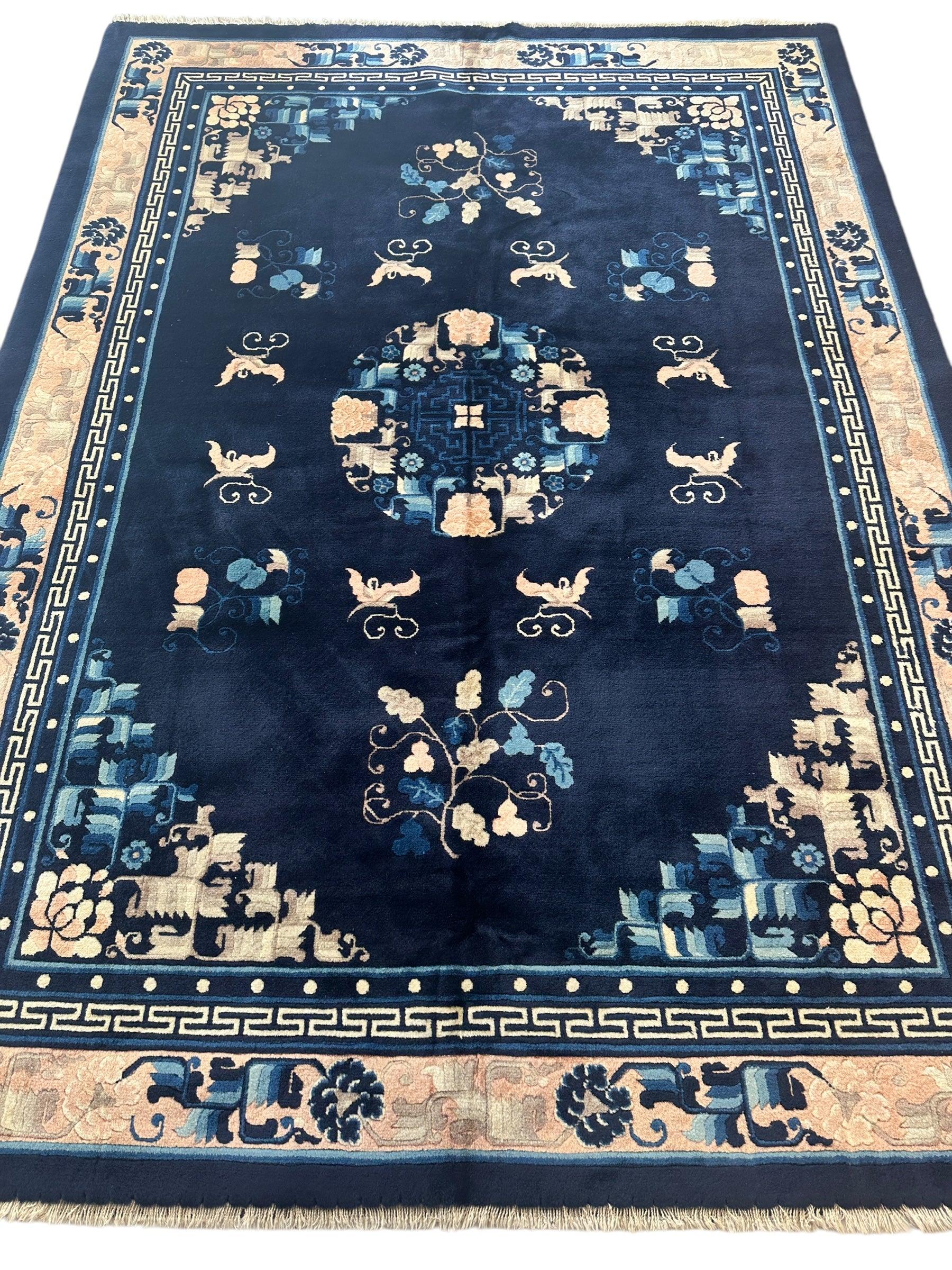 Hand-Knotted Antique Chinese Peking Wool Rug – 5’6” x 7’6” – Full Pile Navy and Cream Design - Nuvé