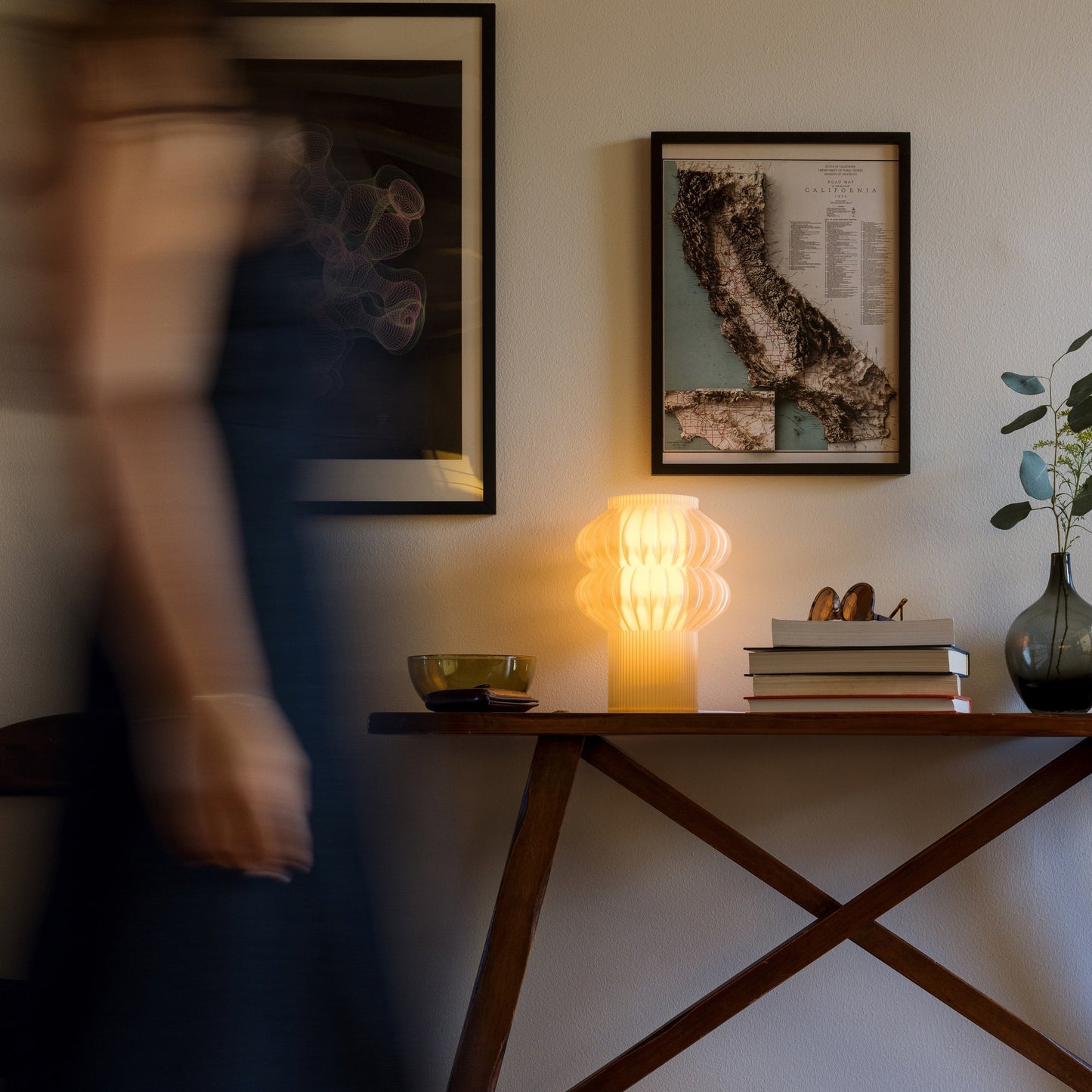 Oppi Table Lamp by Terra Labs featuring a sleek modern design with a cylindrical white shade and wooden base.
