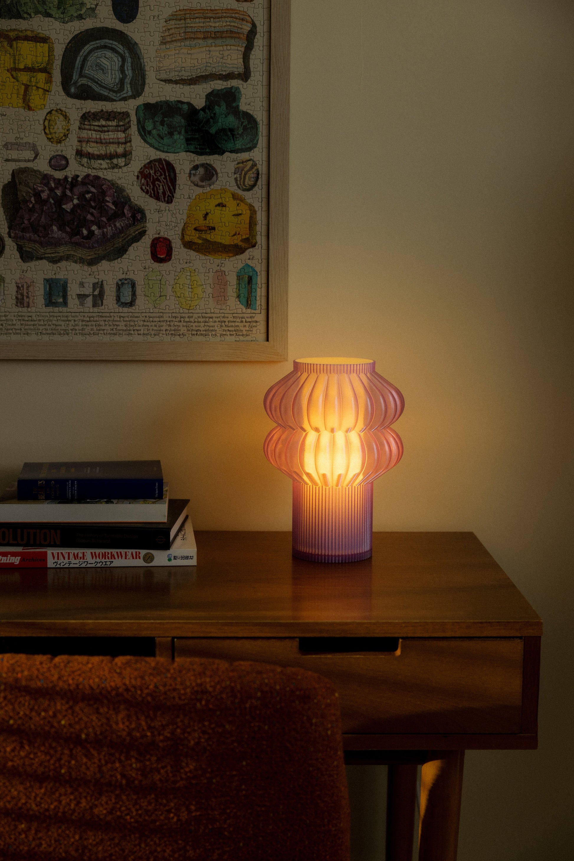 Terras Labs Oppi table lamp with a sleek, modern design and a white lampshade on a wooden base, perfect for bedside or desk lighting.
