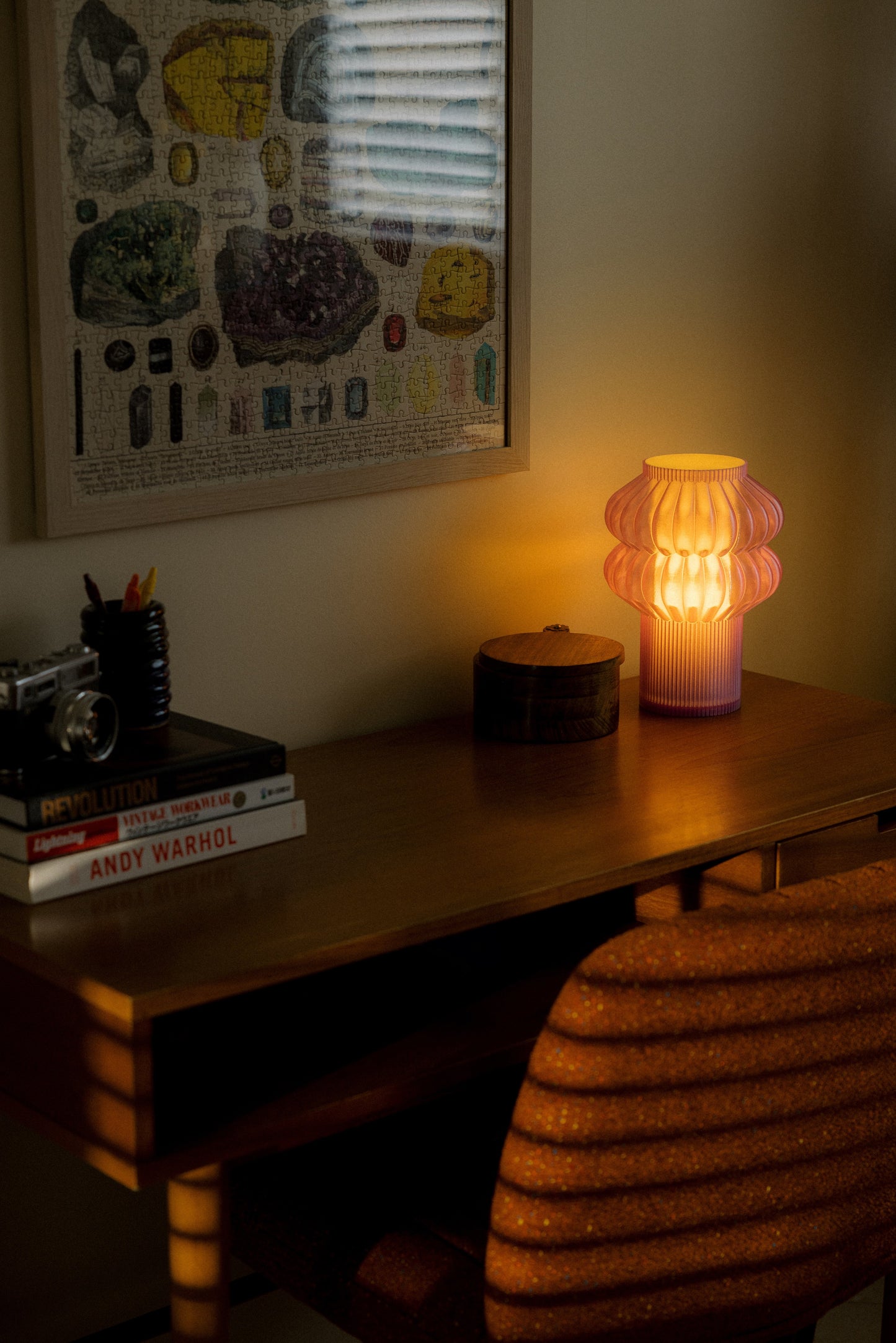 Terrra Labs Oppi Table Lamp with modern design and warm lighting, featuring a sleek base and fabric shade.