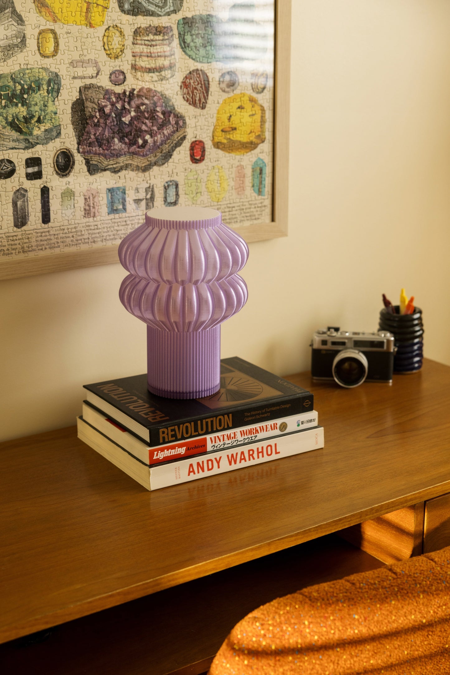 Terra Labs Oppi table lamp with a sleek modern design, featuring a white lampshade and wooden base for stylish home lighting.