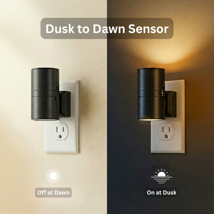 Dusk to Dawn Sensor light fixture on a wall with labeled states of 'Off at Dawn' and 'On at Dusk'.