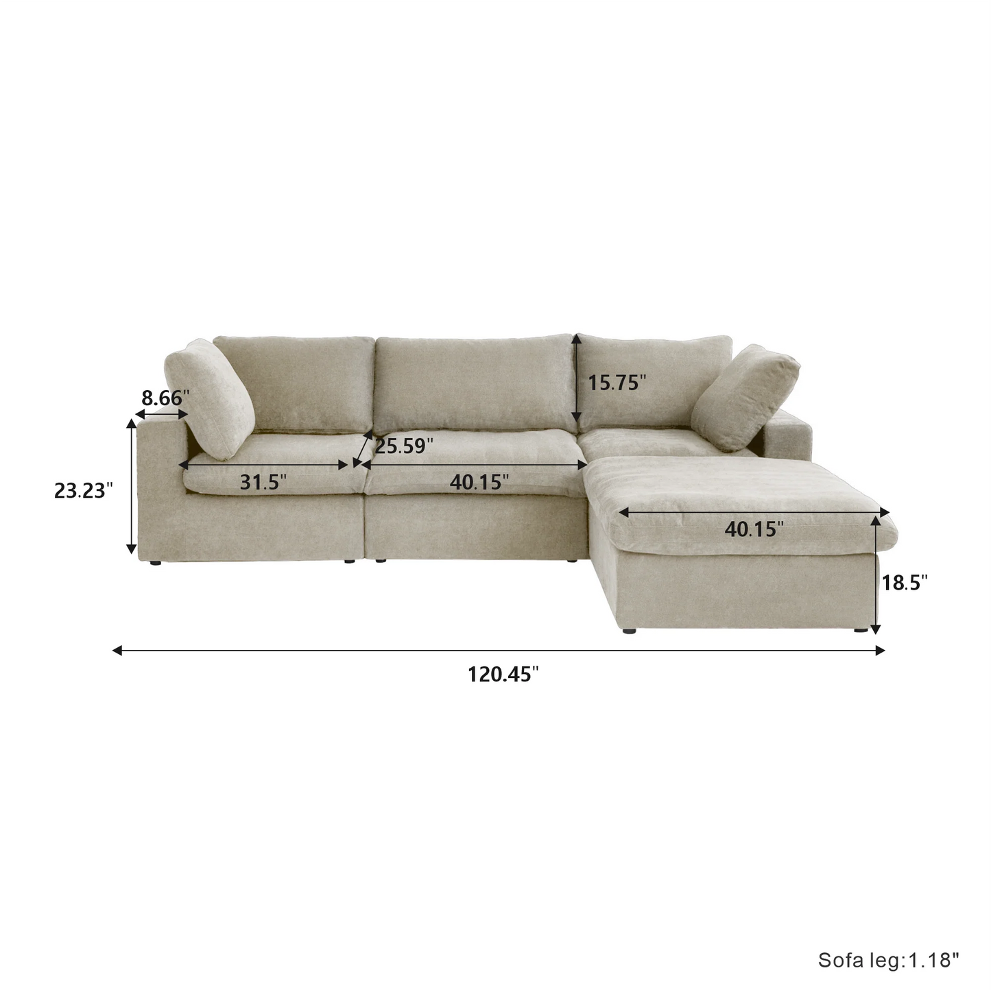Nuvé® Solace Modular Bouclé Cloud Sofa - Khaki - 3-Seater Sectional Sofa with Ottoman - Nuvé