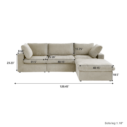 Nuvé® Solace Modular Bouclé Cloud Sofa - Khaki - 3-Seater Sectional Sofa with Ottoman - Nuvé
