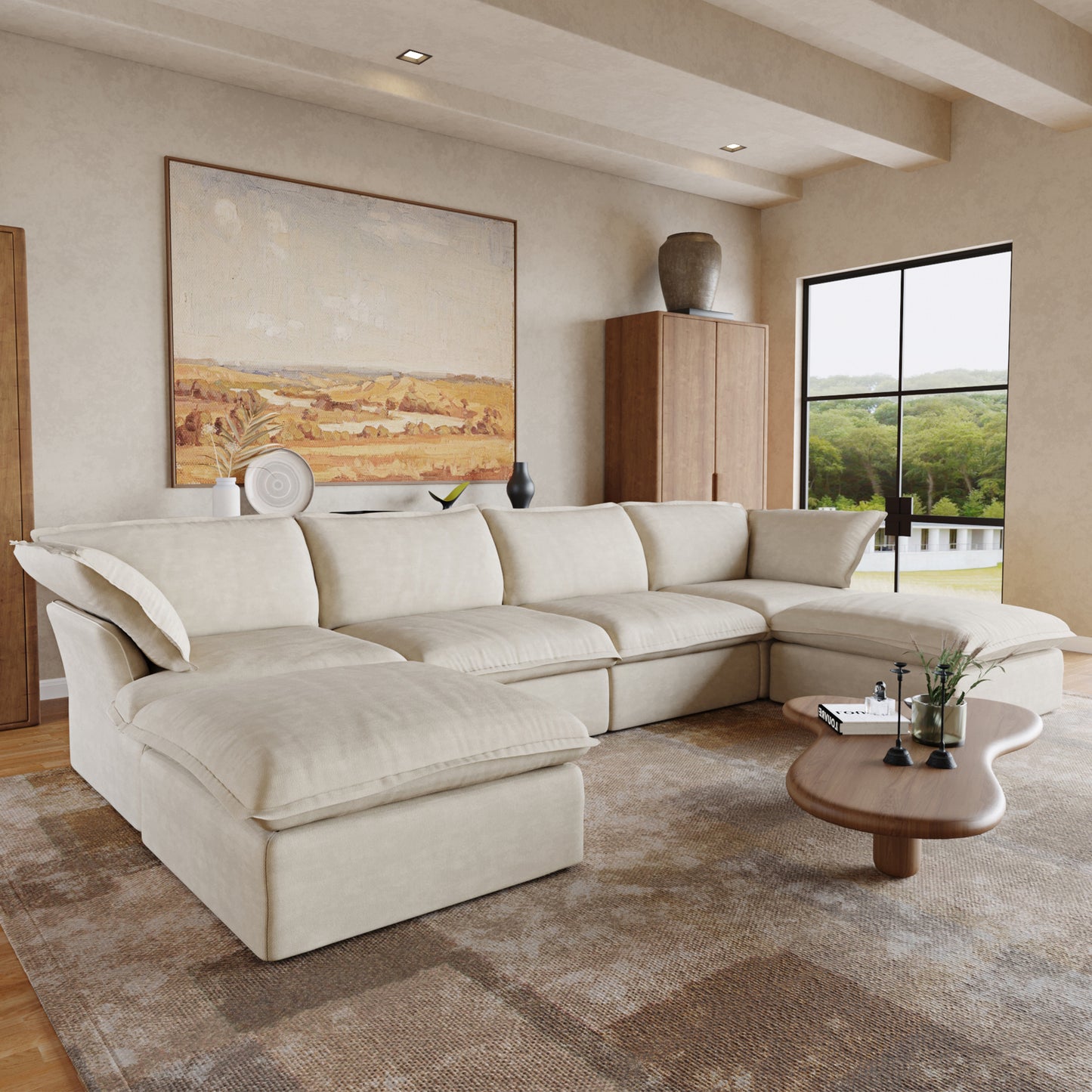 Sabi Modular Boucle Cloud Sofa - Beige - 4-Seater Sectional Sofa with 2 Ottomans - Nuvé