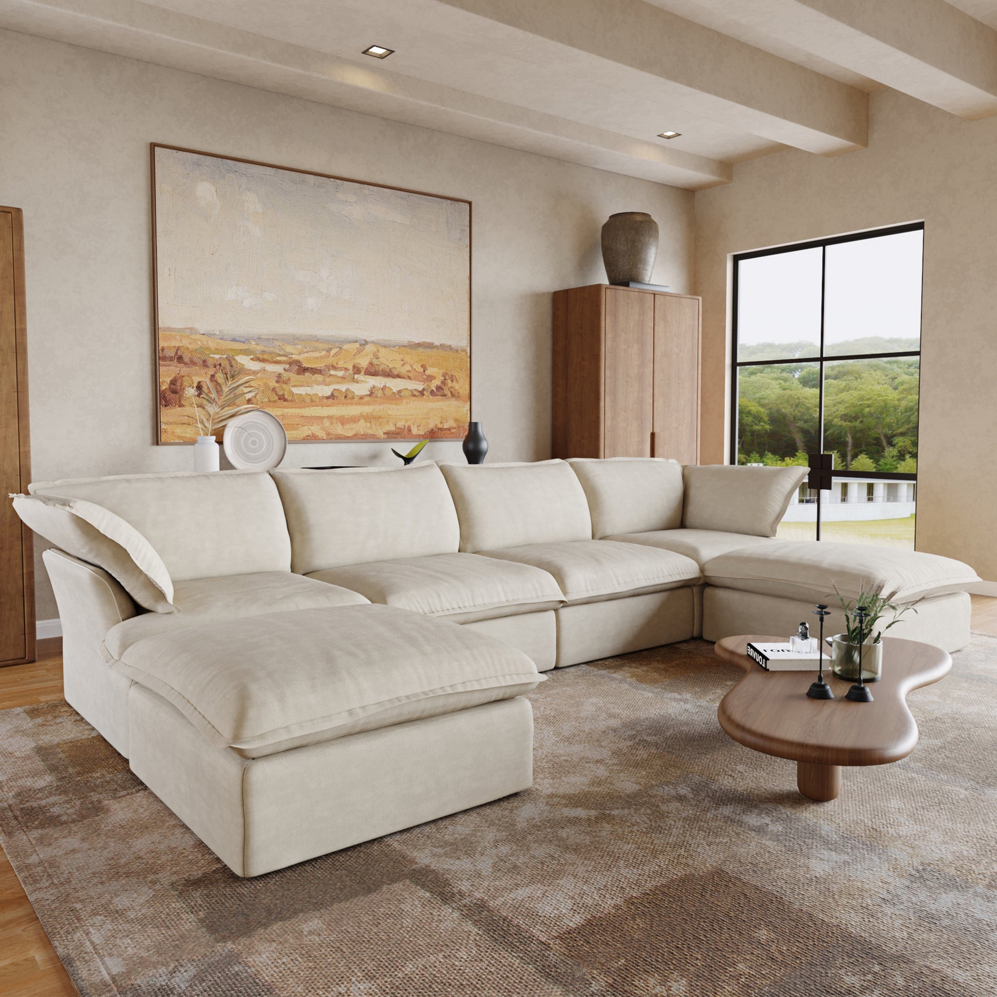 Sabi Modular Boucle Cloud Sofa - Beige - 4-Seater Sectional Sofa with 2 Ottomans - Nuvé