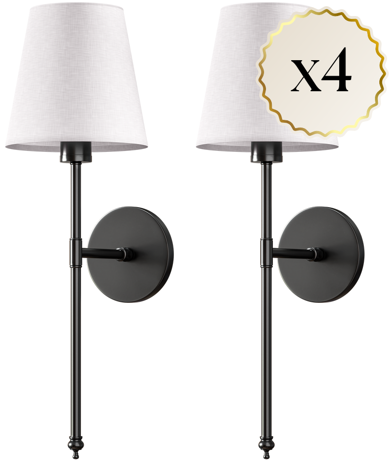 Two wall sconces with white lampshades and black brackets on a white background.