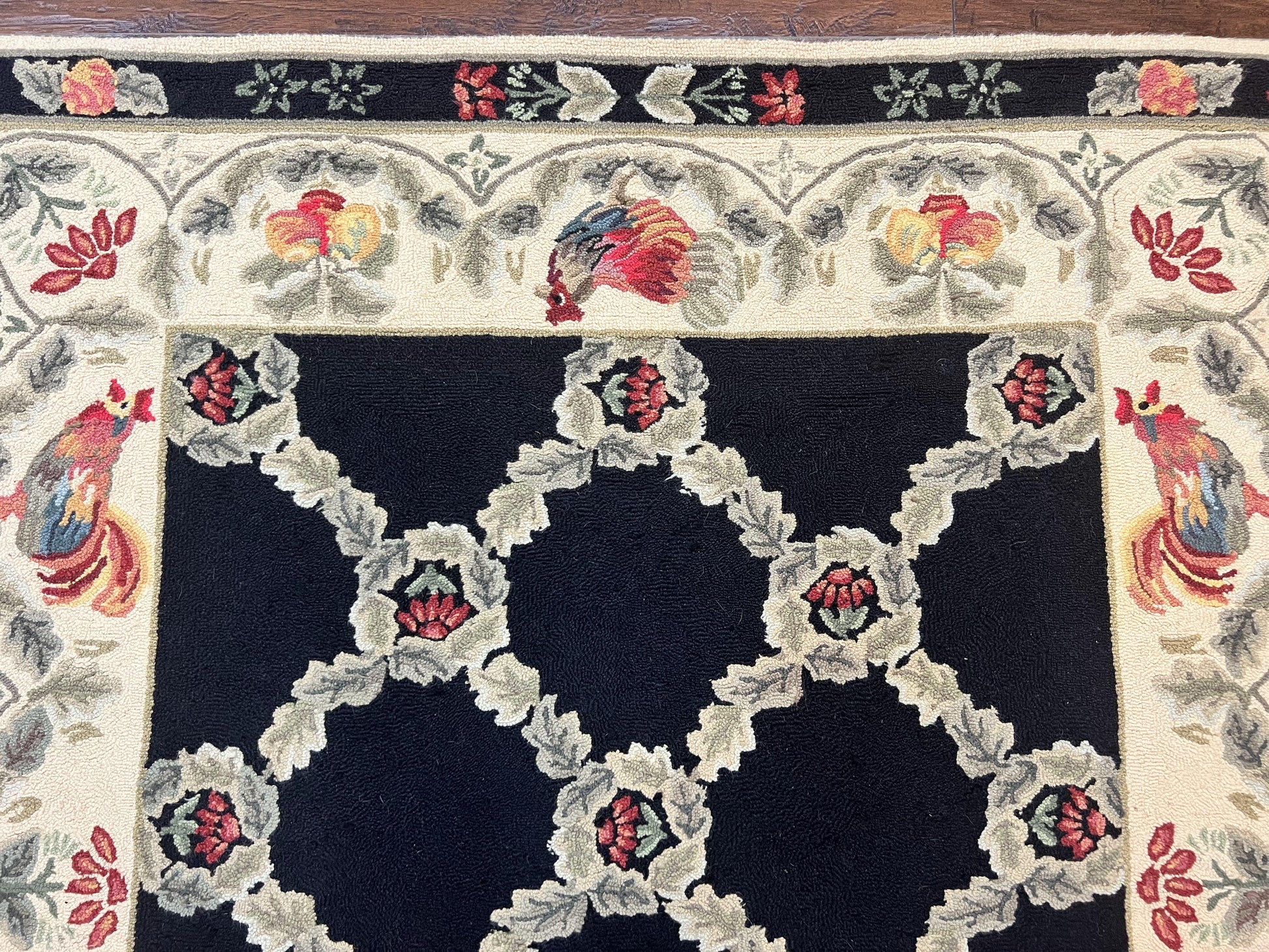 Hooked Rug 5x8, European Aubusson Pattern, Black and Ivory, Roses & Roosters, Vintage Wool Rug - Nuvé