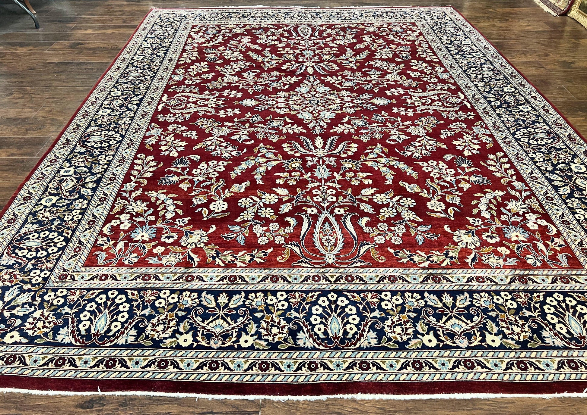 Indo Persian Sarouk Rug 9x12, Floral Allover, Dark Red & Navy Blue, Handmade Vintage Wool Carpet - Nuvé