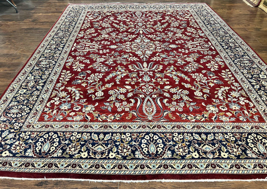 Indo Persian Sarouk Rug 9x12, Floral Allover, Dark Red & Navy Blue, Handmade Vintage Wool Carpet - Nuvé