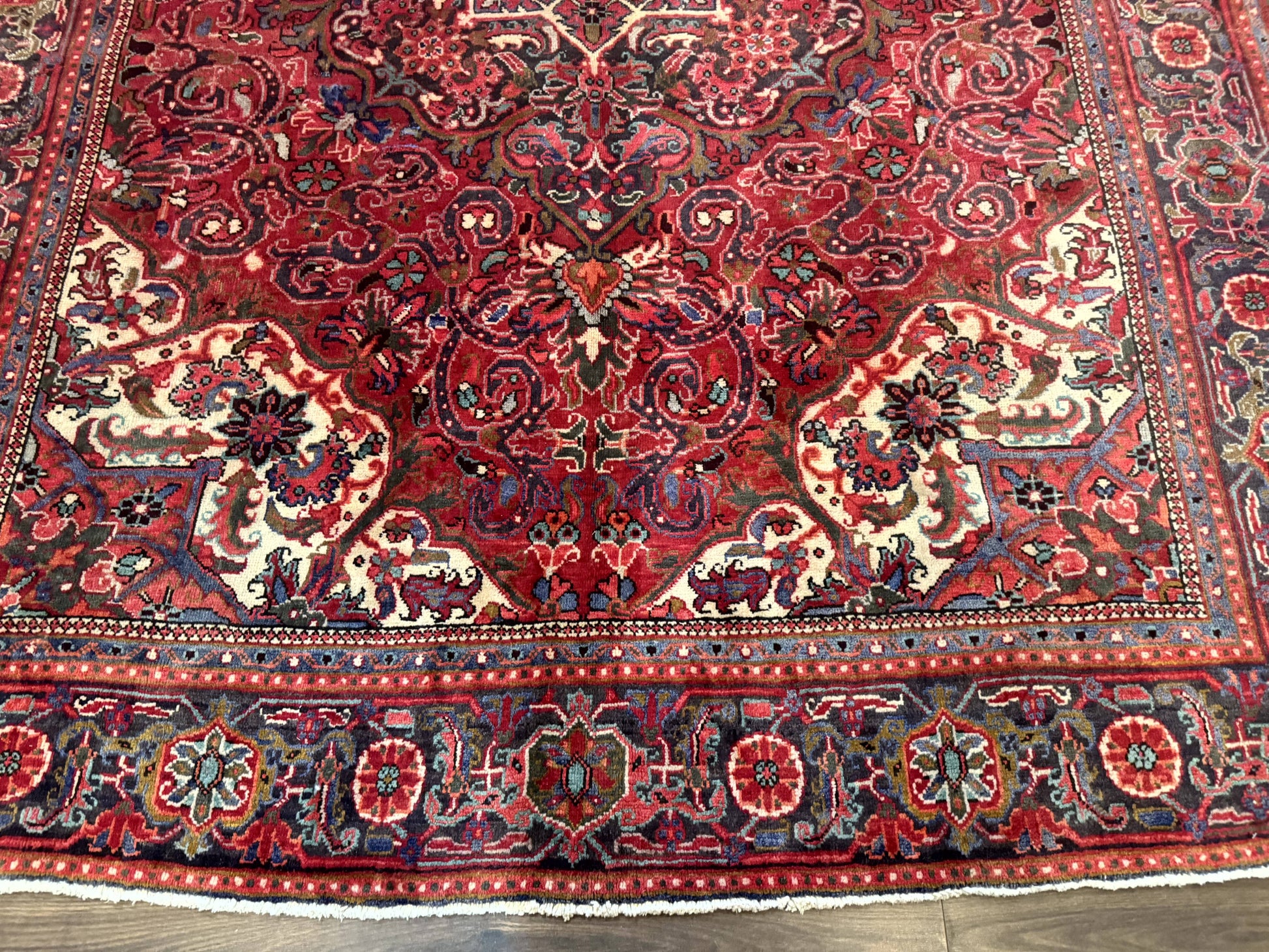 Persian Heriz Rug 7x10, Red and Navy, Geometric Medallion, Vintage Wool Carpet - Nuvé