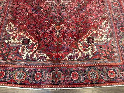 Persian Heriz Rug 7x10, Red and Navy, Geometric Medallion, Vintage Wool Carpet - Nuvé