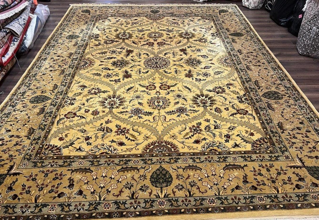Indo Persian Mahal Rug 10x14, Wool Hand Knotted Oriental Carpet, Cream Floral Allover, Vintage Area Rug 10 x 14, Traditional Rug, Handmade - Nuvé