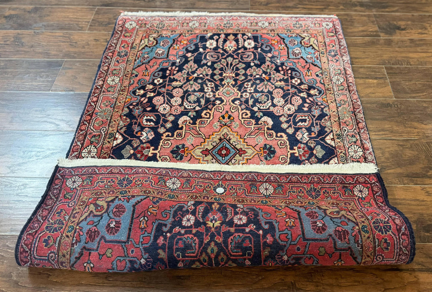 Persian Rug 3x5, Jozan Sarouk Rug, Navy Blue and Coral, Medallion Rug, Semi Antique - Nuvé