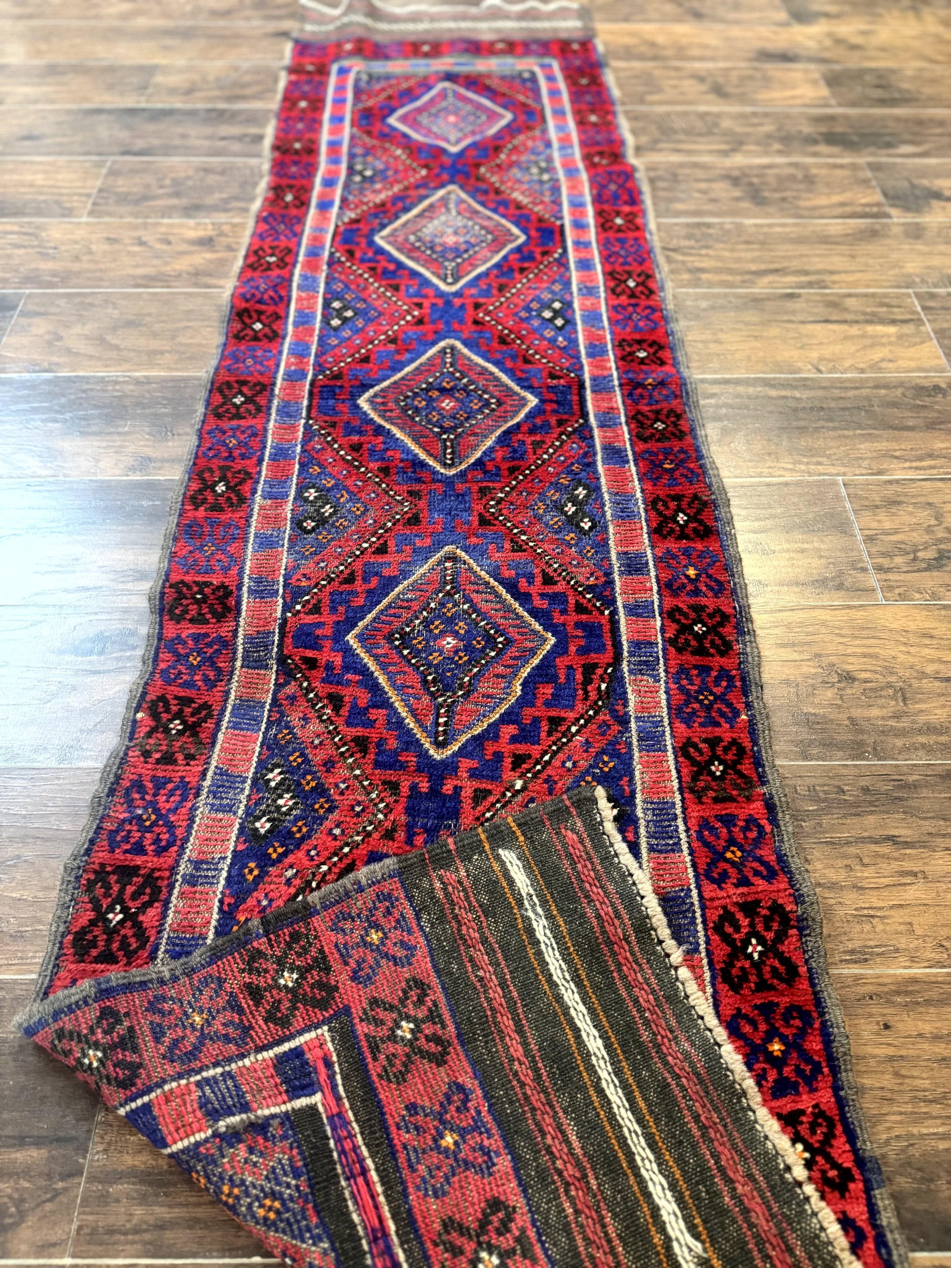 Turkoman Runner Rug 2 x 8.6, Skinny Runner, Handmade Wool Carpet for Hallway, Red and Blue, Wool, Vintage 8ft Runner - Nuvé