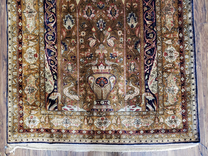 Semi Antique Persian Qum Silk Prayer Rug, Silk, Hand-Knotted, 3'6" x 5'