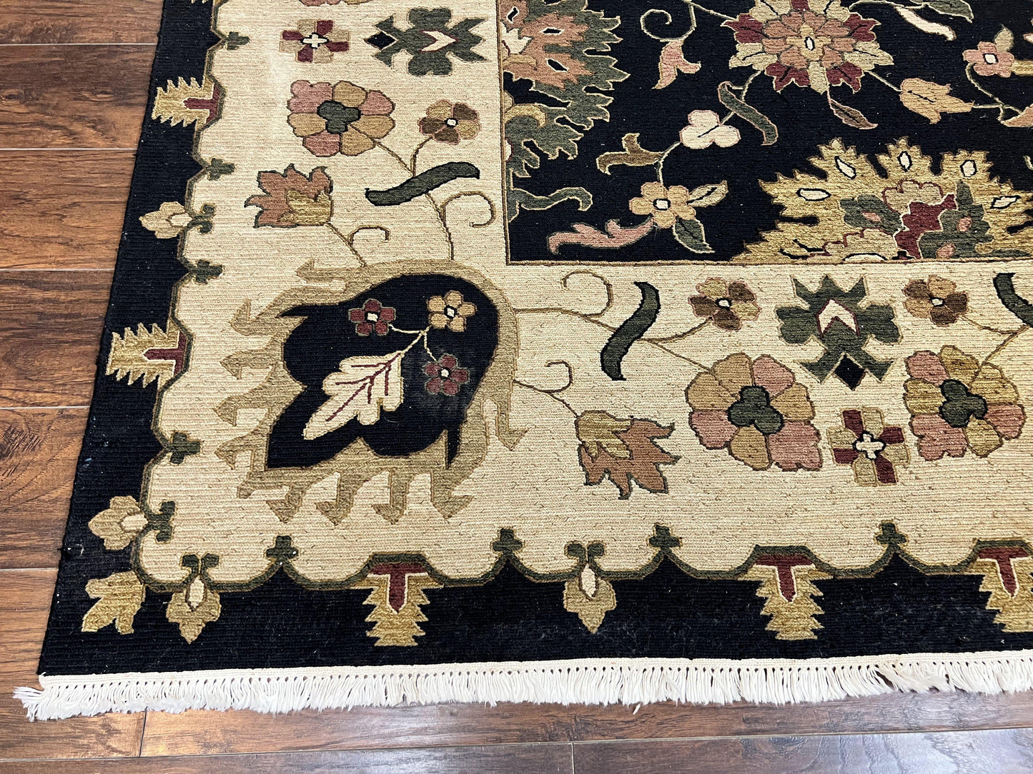 Indo Persian Rug 10x14, Wool Handmade Room Sized Floral Oriental Carpet, Indian Mahal Flatweave Rug, Black Beige - Nuvé