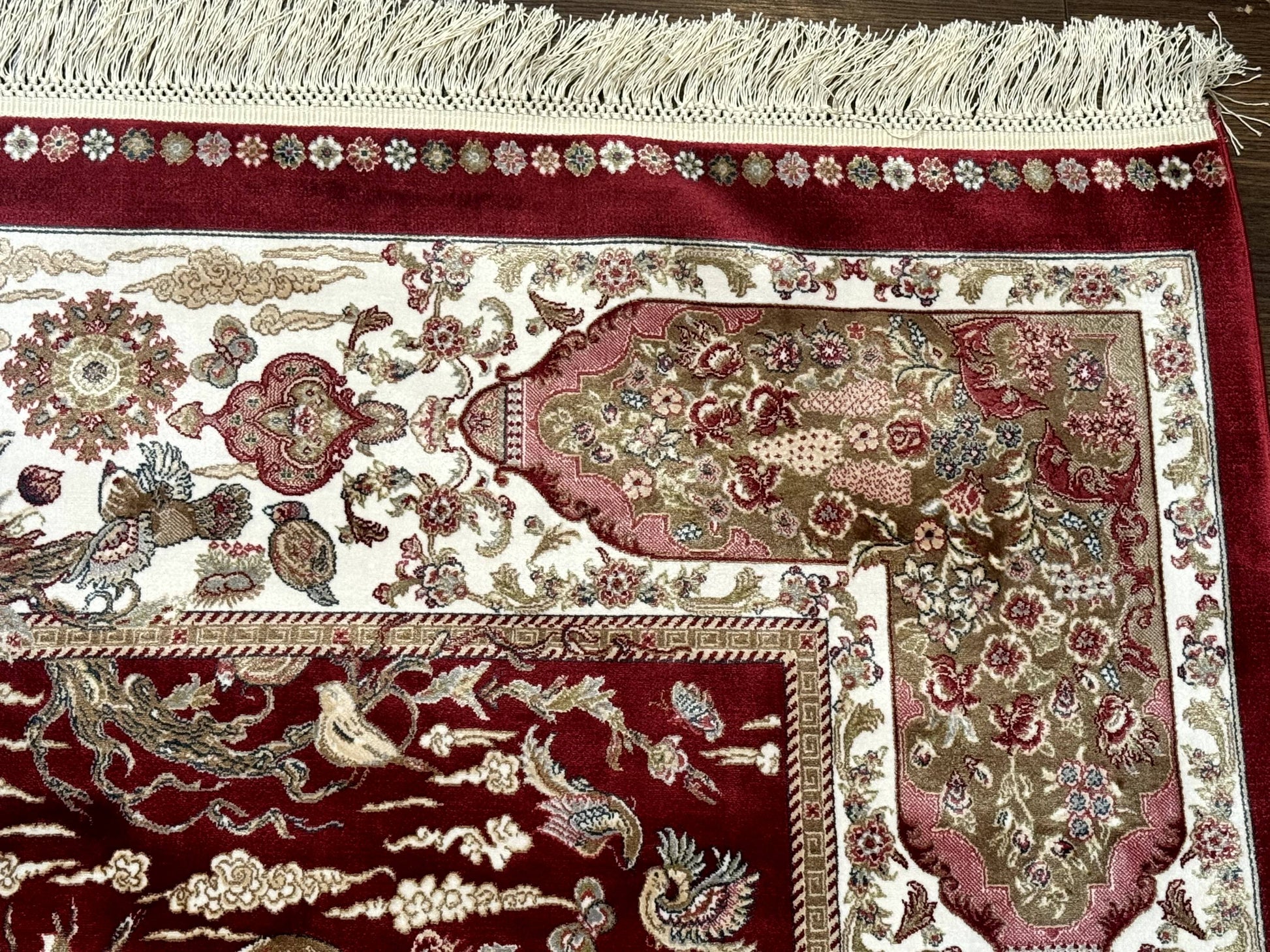 Turkish Silk Hunting Scene Rug 5 x 7.6, Red & Ivory, Bamboo Silk, New - Nuvé