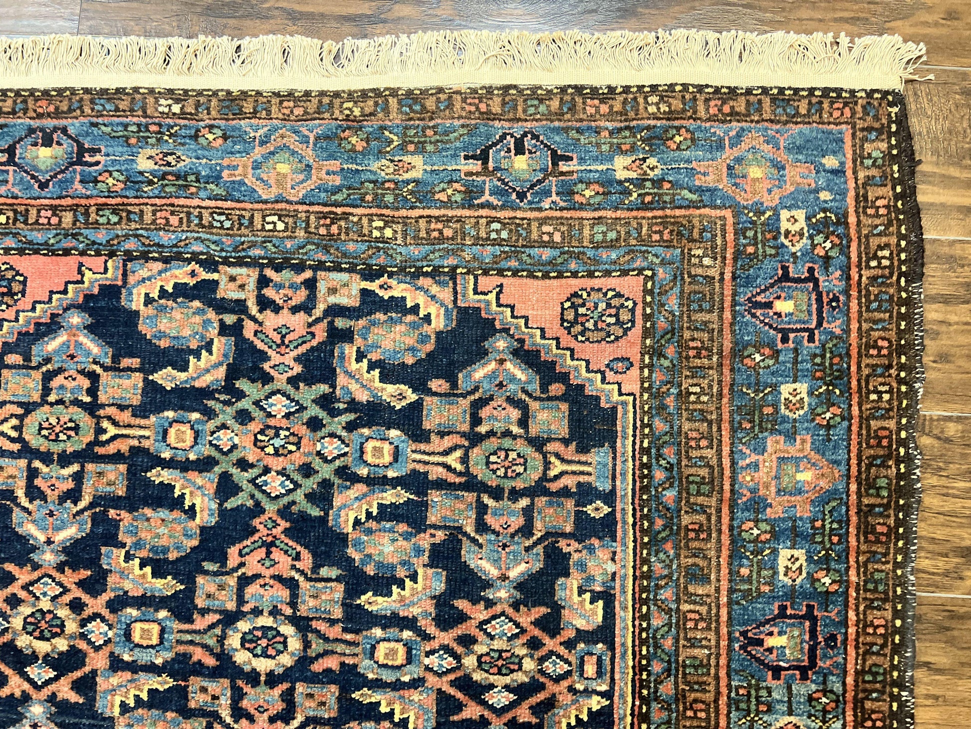 Antique Persian Tribal Rug 5x7, Navy Blue & Pink, Hand Knotted Handmade 1920s Wool Rug, Allover Pattern, Persian Hamadan Rug - Nuvé