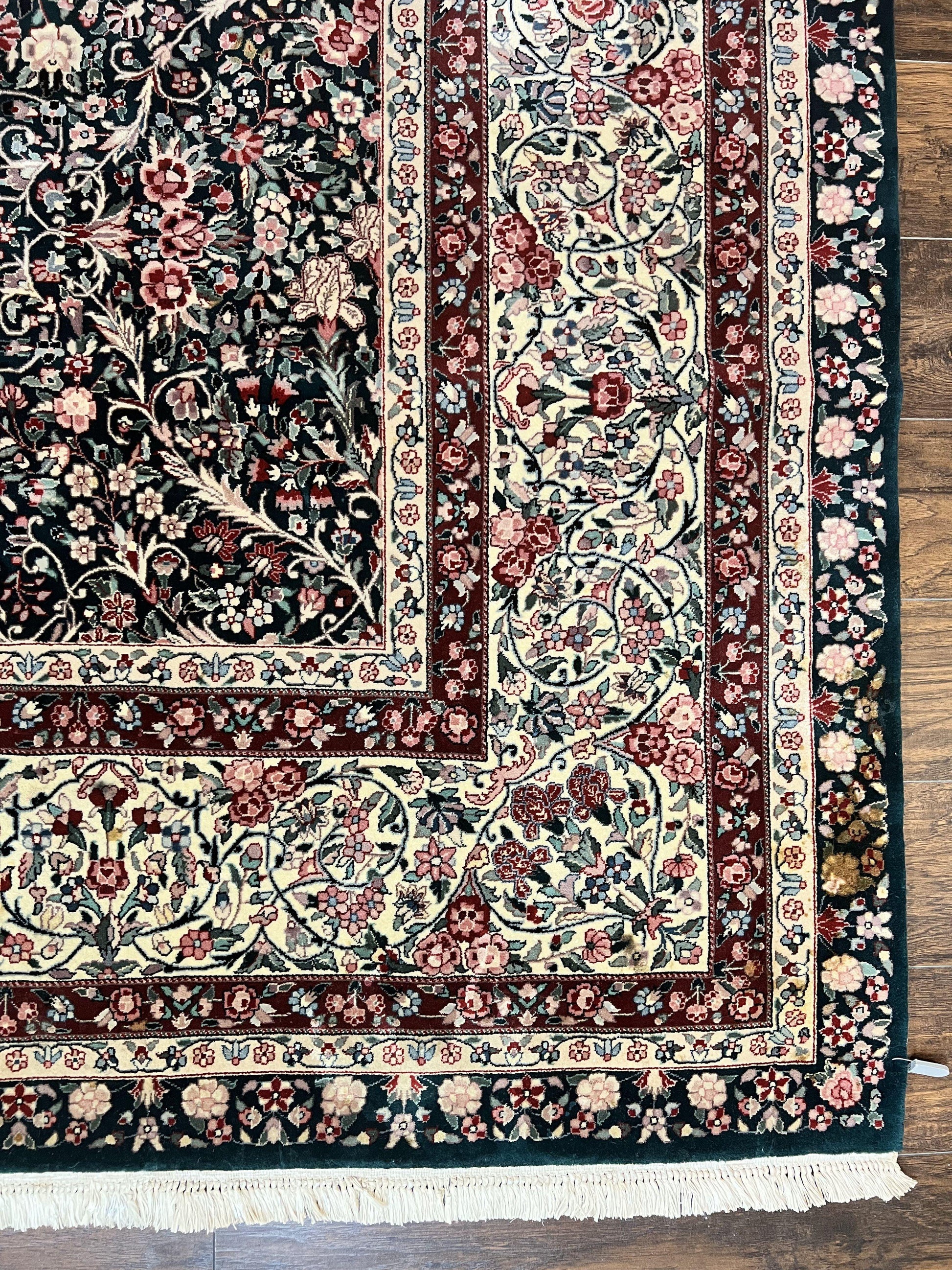 Large Sino Persian Rug 10x14, Wool Hand Knotted Vintage Carpet, Dark Green & Beige, Kirman Floral Rug, Fine Weave, Traditional, Large - Nuvé