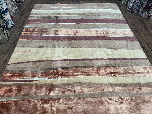 Modern Tibetan Rug 8x11 Nepali Carpet, Shiny Velvely Soft Wool and Silk, Contemporary Hand Knotted Rug, Striped Design, Wool Area Rug 8 x 11 - Nuvé