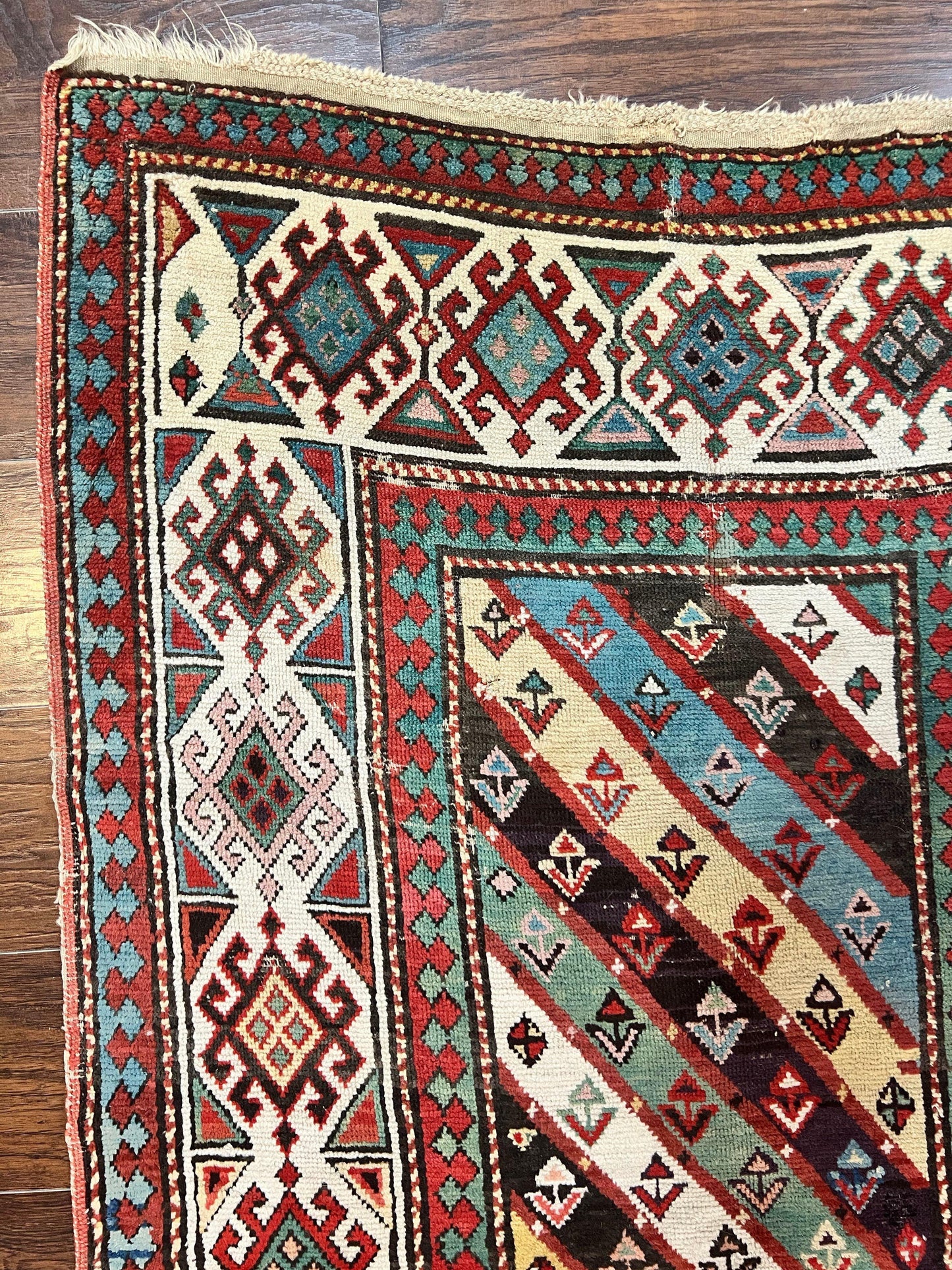 Caucasian Kazak Runner Rug 3.6 x 8, Wool Hand Knotted Antique 1880s Carpet, Ivory & Multicolor Stripes Oriental Runner Rug, Hallway Rug - Nuvé