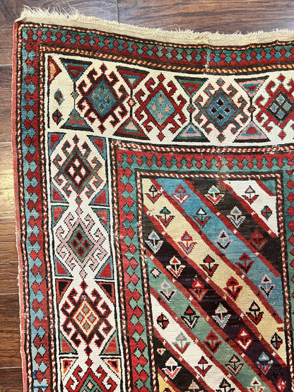 Caucasian Kazak Runner Rug 3.6 x 8, Wool Hand Knotted Antique 1880s Carpet, Ivory & Multicolor Stripes Oriental Runner Rug, Hallway Rug - Nuvé