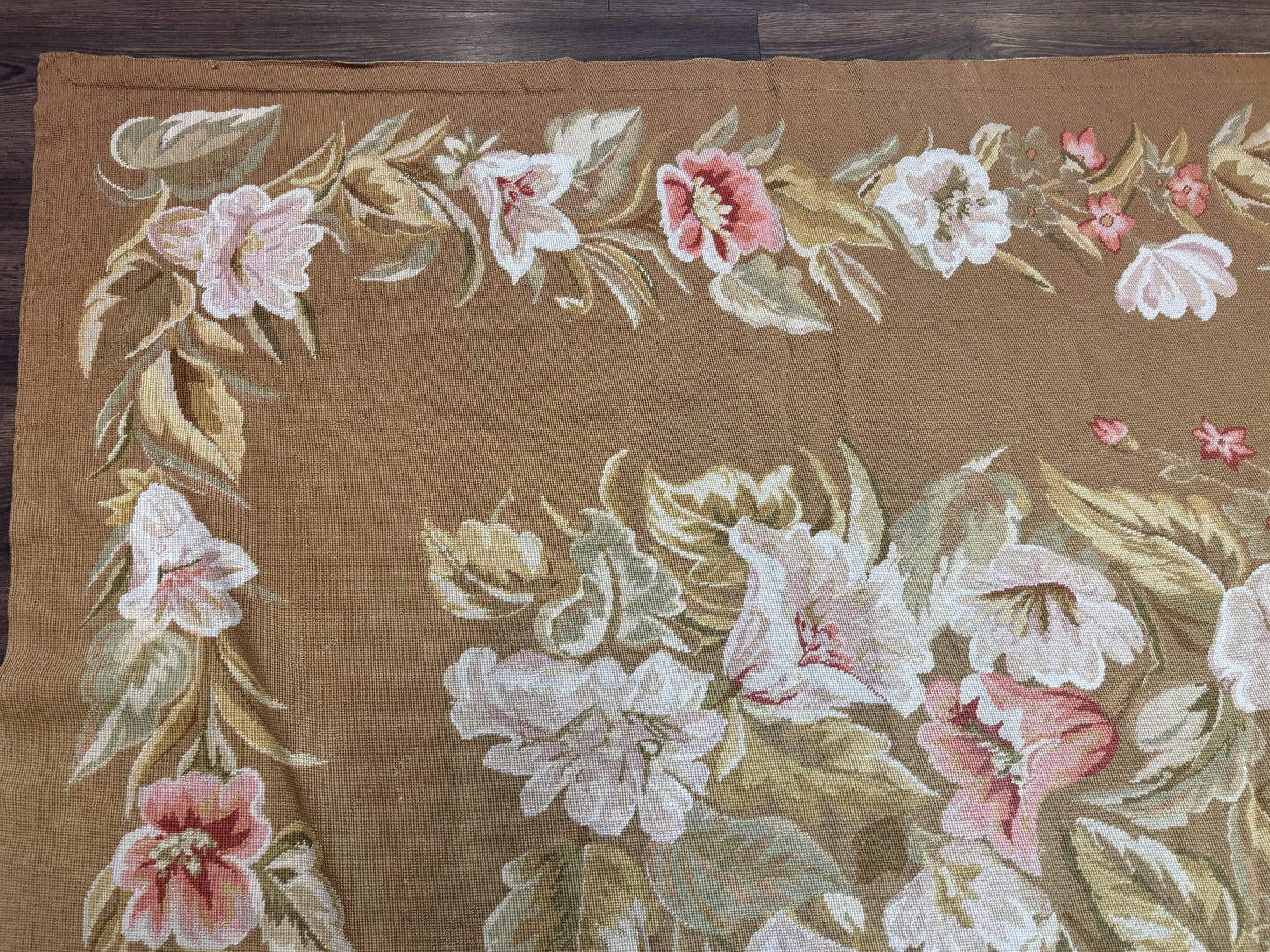 Large Needlepoint Rug 11x14, Vintage Floral Wool Carpet, Caramel - Nuvé