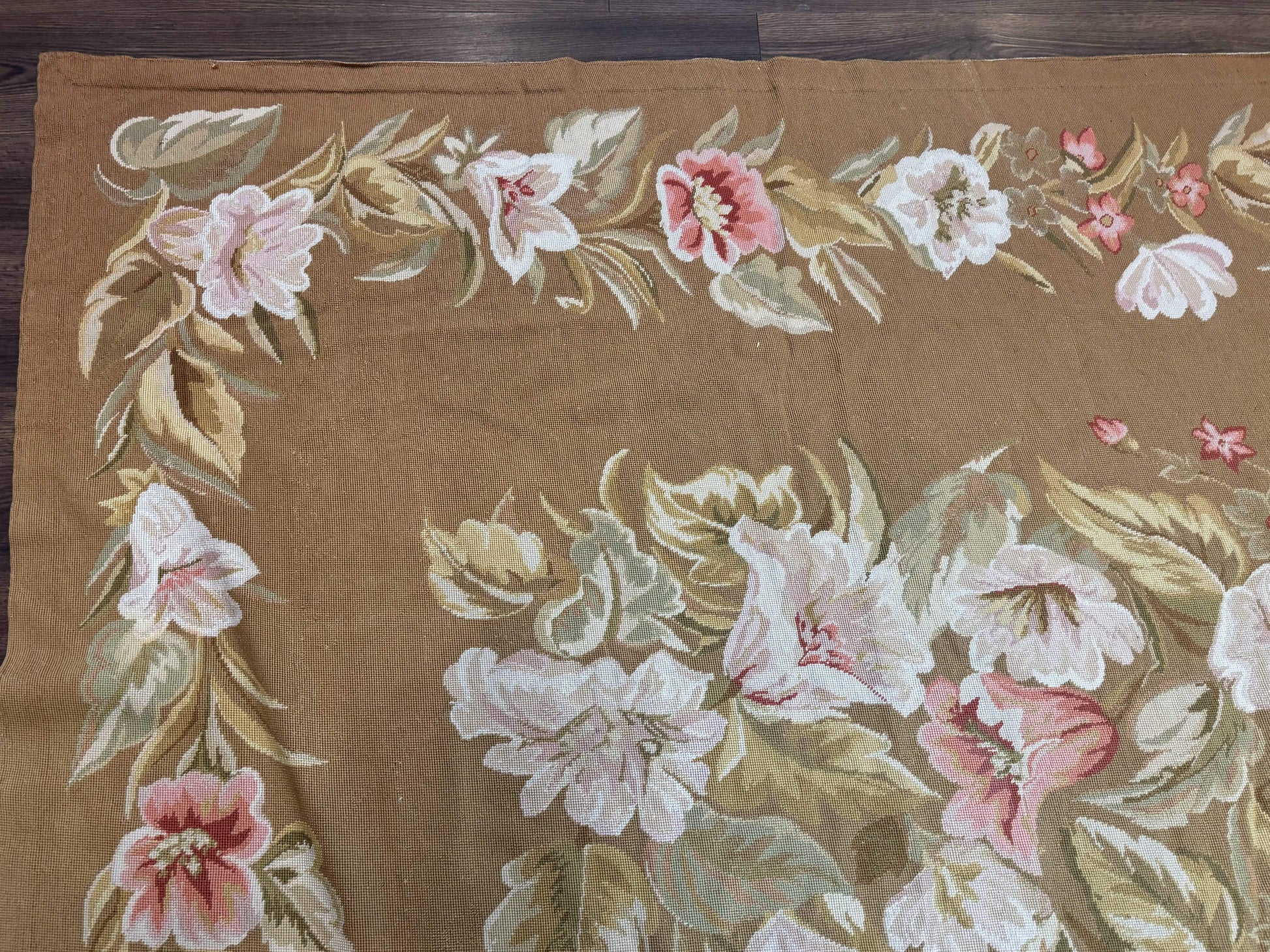 Large Needlepoint Rug 11x14, Vintage Floral Wool Carpet, Caramel - Nuvé