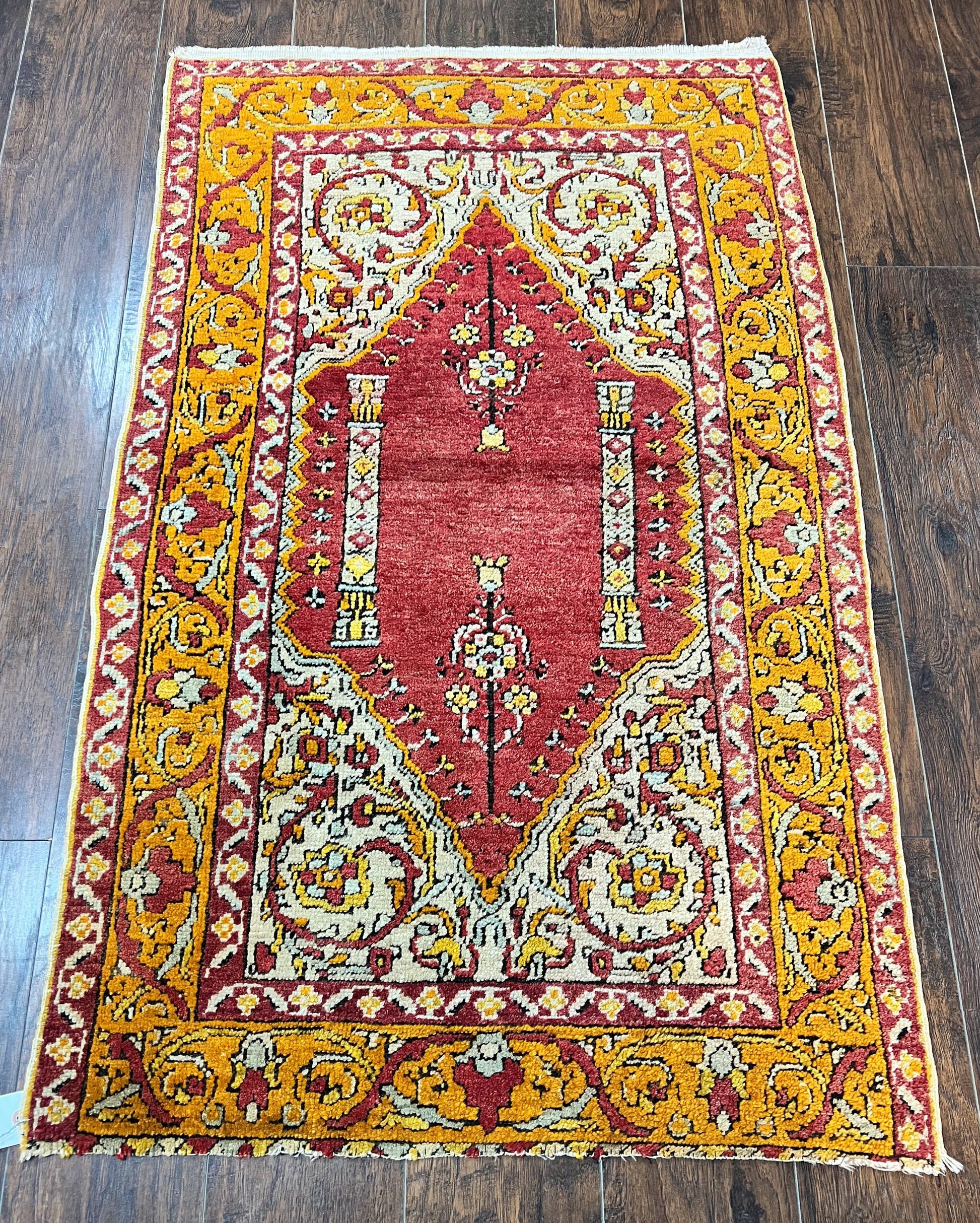 Antique Turkish Prayer Rug 3x5, Hand Knotted Turkish Melas Oushak Wool Carpet, Mehrab Rug, Orange & Red Vintage Rug 3 x 5 Collectible - Nuvé
