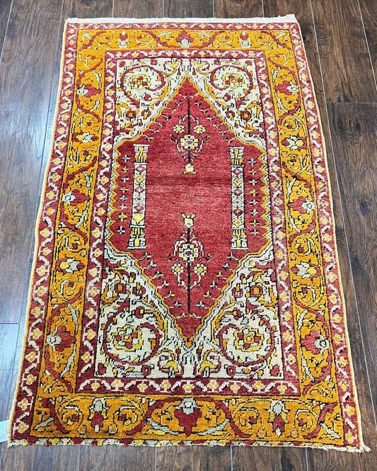 Antique Turkish Prayer Rug 3x5, Hand Knotted Turkish Melas Oushak Wool Carpet, Mehrab Rug, Orange & Red Vintage Rug 3 x 5 Collectible - Nuvé