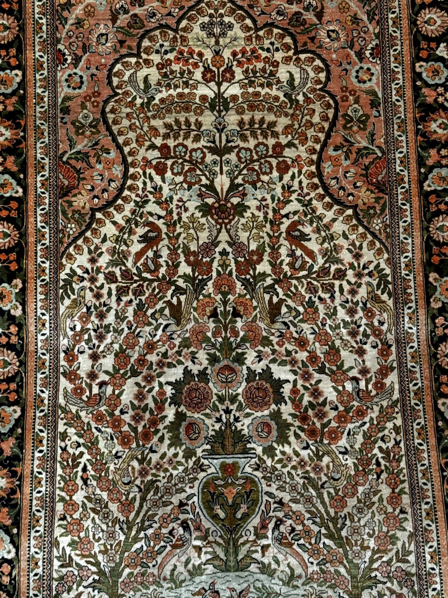 Exceptional Silk Rug 2.6 x 4, Very Fine 630 KPSI, Persian Vase Tree of Life Bird Pictorials, Handmade - Nuvé
