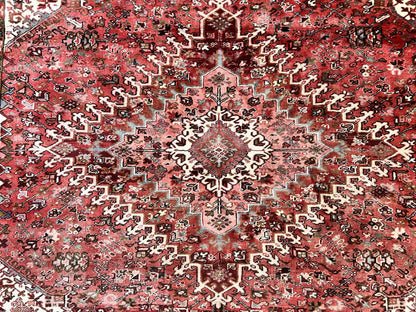Large Persian Heriz Rug 10x13, Red and Cream Geometric Tribal Room Sized Handmade Wool Hand Knotted Semi Antique Decorative Oriental Carpet - Nuvé
