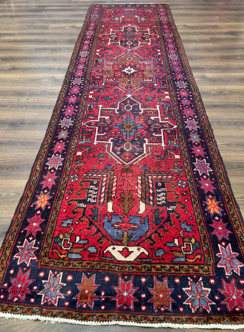 Persian Heriz Karajeh Runner Rug 3.7 x 12, Geometric Medallions, Red and Navy Blue - Nuvé