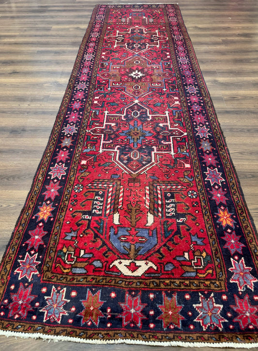 Persian Heriz Karajeh Runner Rug 3.7 x 12, Geometric Medallions, Red and Navy Blue - Nuvé