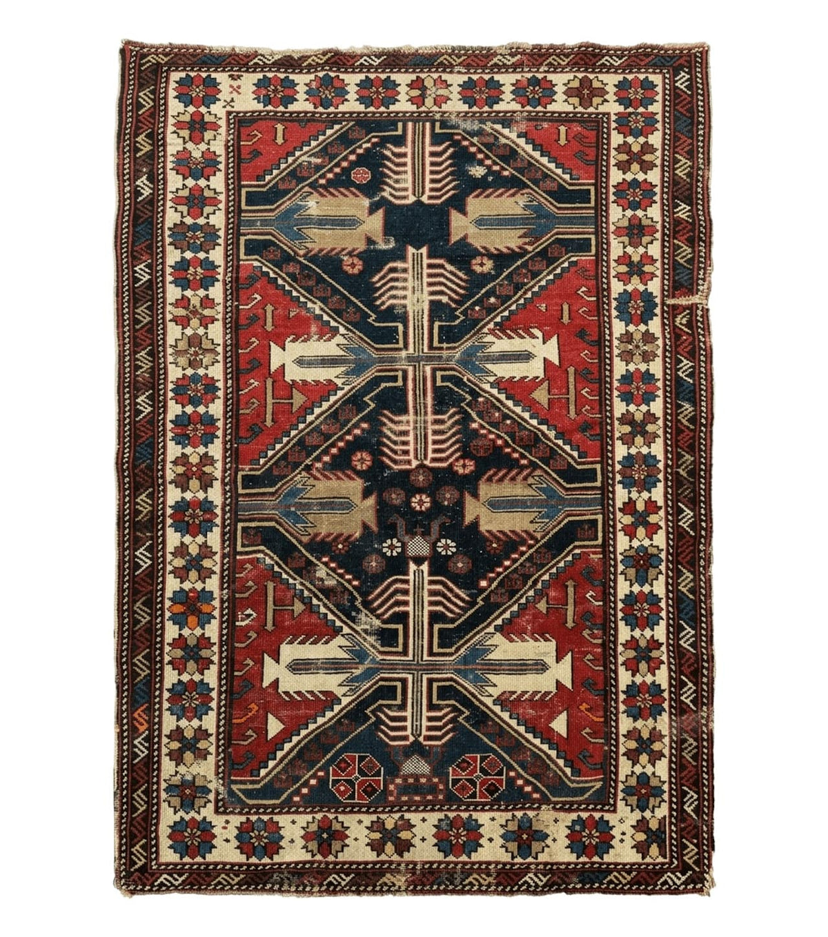 Antique Shirvan Caucasian Rug 3x5, Geometric Pattern, Red Navy Blue Beige