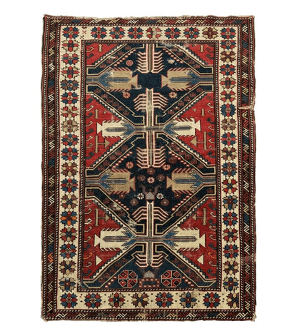 Antique Shirvan Caucasian Rug 3x5, Geometric Pattern, Red Navy Blue Beige