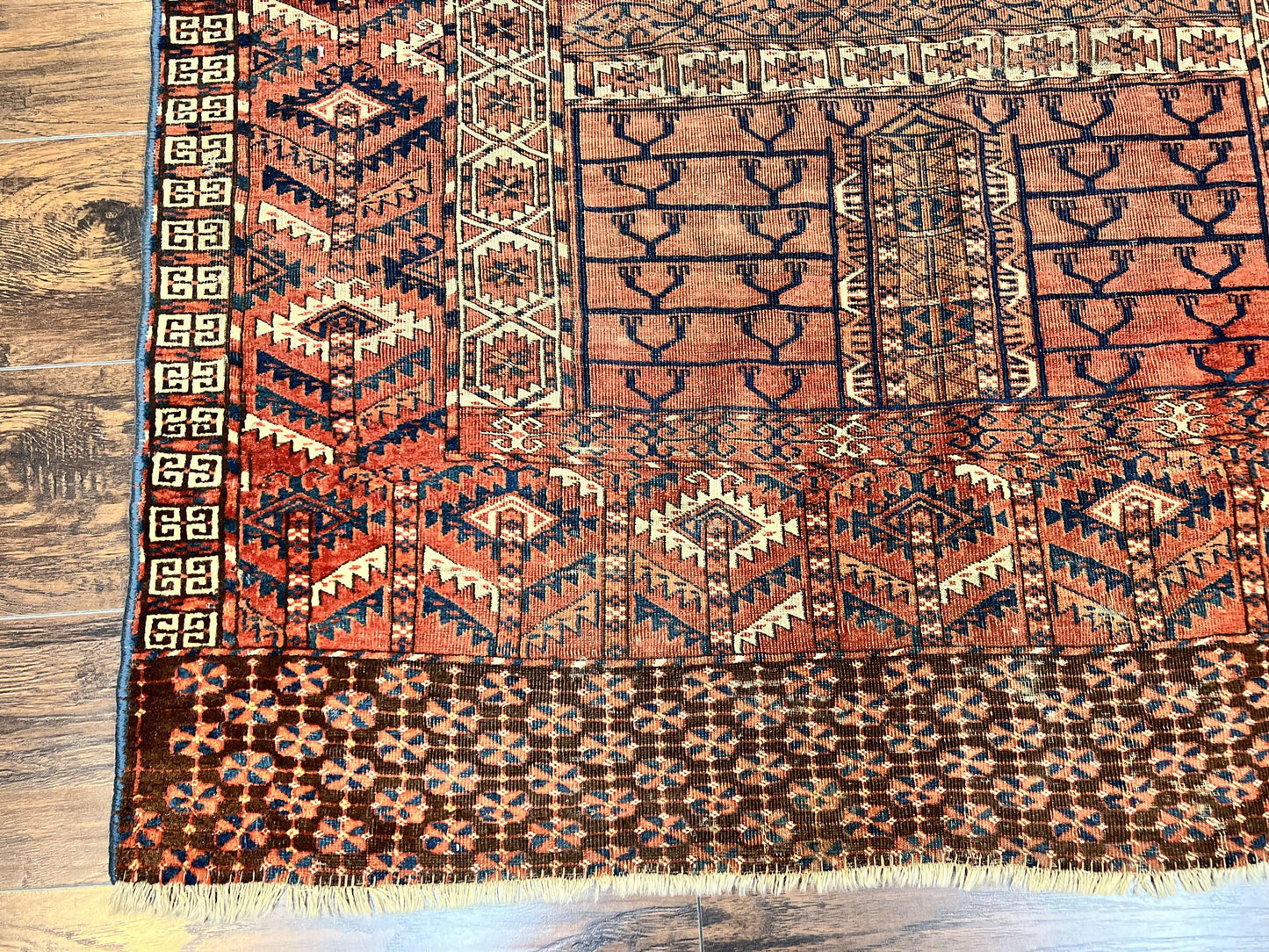 Antique Turkoman Rug 4x4, Hatchli Square Carpet, Wool Handmade Four Season Yamud Design Rug, Red Bohemian Tribal Rug, Engsi Tekkeh Rug - Nuvé