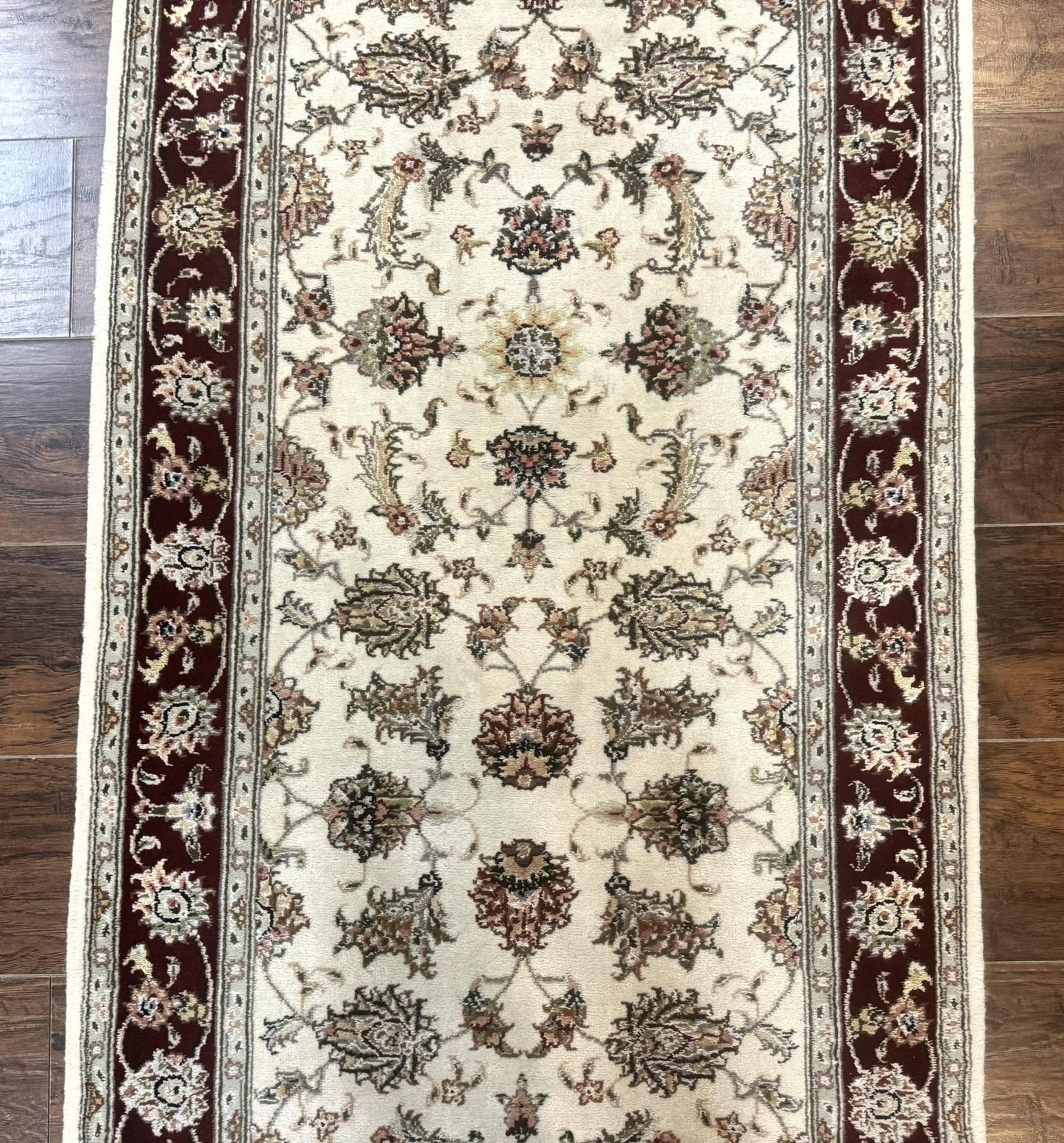 Pak Persian Runner Rug 2.8 x 8, Handmade Vintage Carpet, Beige and Maroon, Wool and Silk Highlights - Nuvé